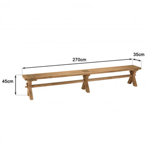 KALLY - Banc de jardin 270x35cm en teck recyclé, pieds croisés