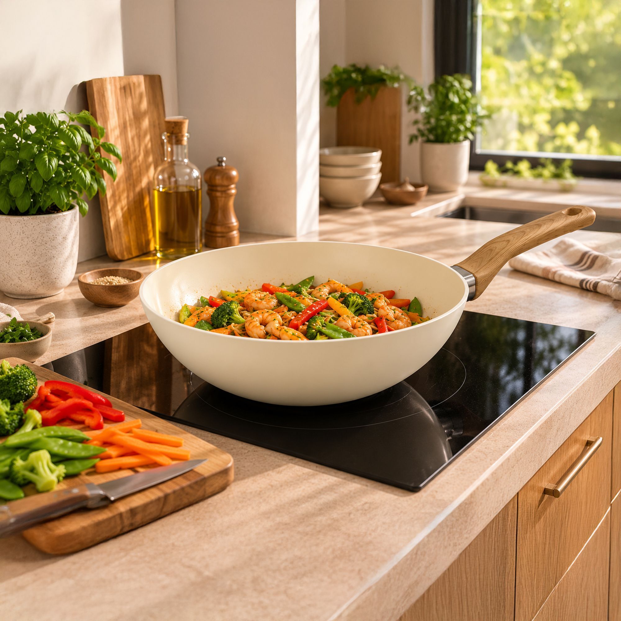 Wok 24cm avec revêtement céramique crème - tous feux COLORAMA