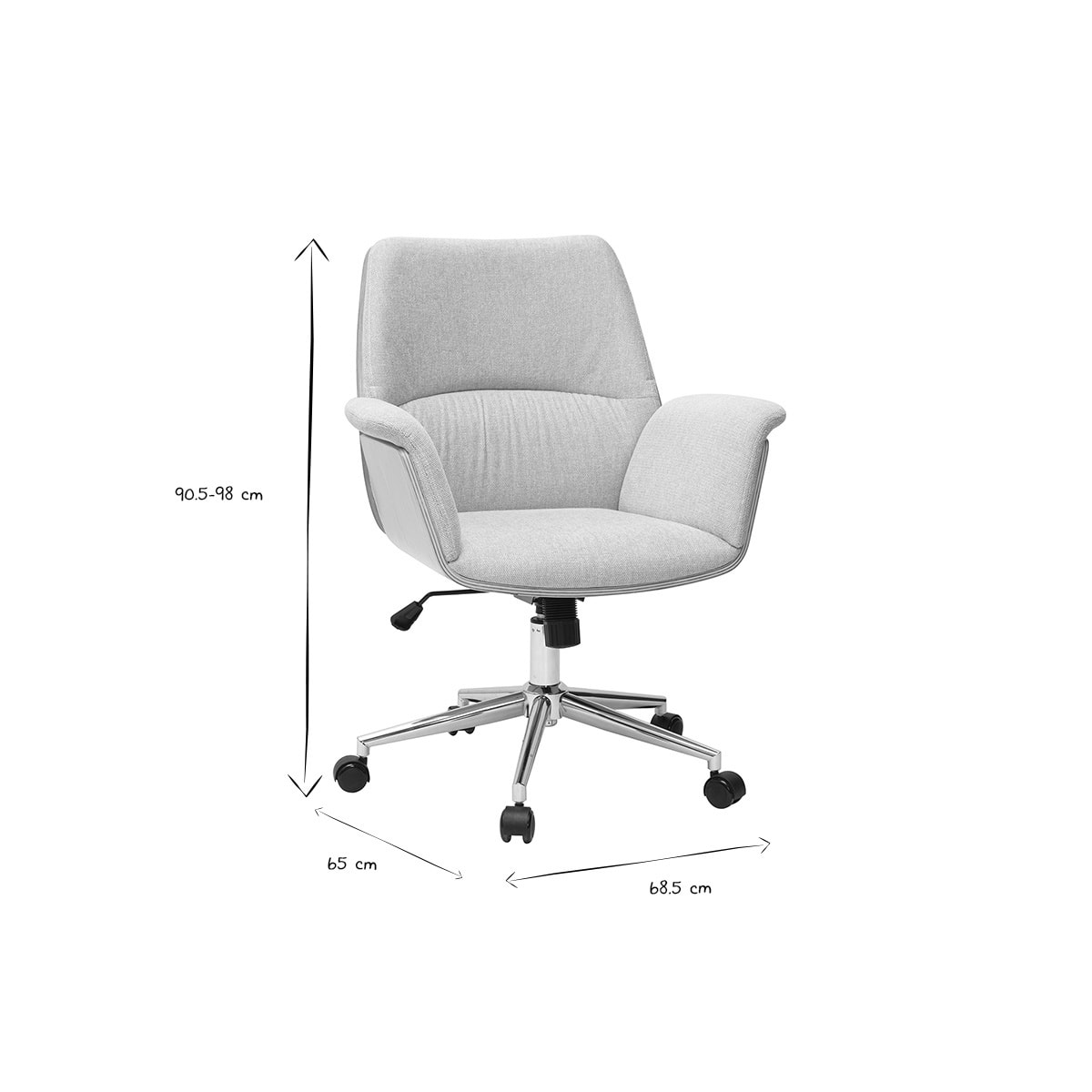 Chaise de bureau à roulettes en tissu effet velours texturé beige, bois clair et métal chromé HELIOS