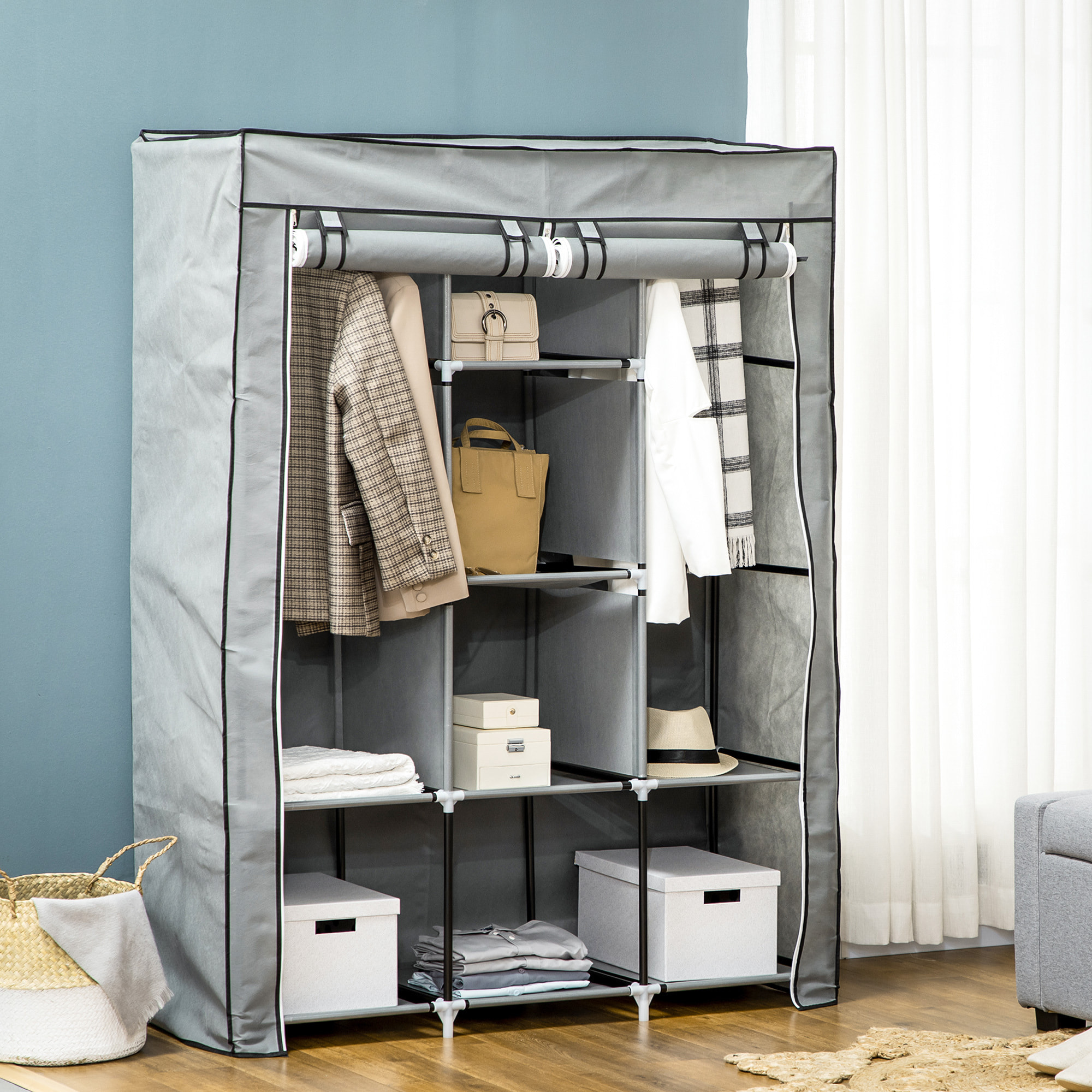 HOMCOM Armario de Tela Plegable Armario Portátil con 8 Estantes de Almacenaje y 2 Barras para Colgar Organizador de Ropa para Dormitorio Vestidor 125x43x162,5 cm Gris Claro