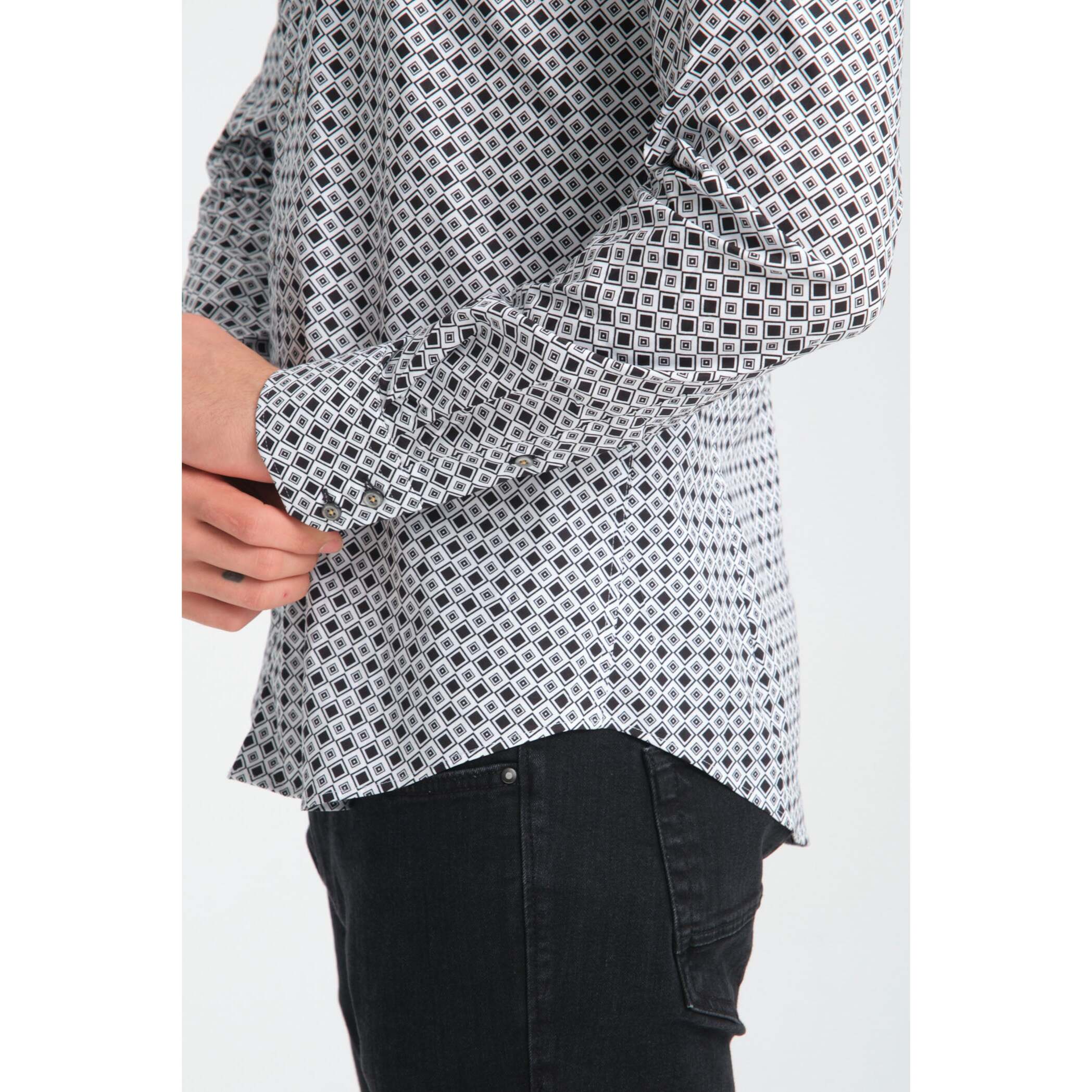 Camicia Uomo 2 Bottoni Button Down Slim Popeline Stretch Stampato Bianco/Nero