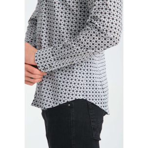 Camicia Uomo 2 Bottoni Button Down Slim Popeline Stretch Stampato Bianco/Nero