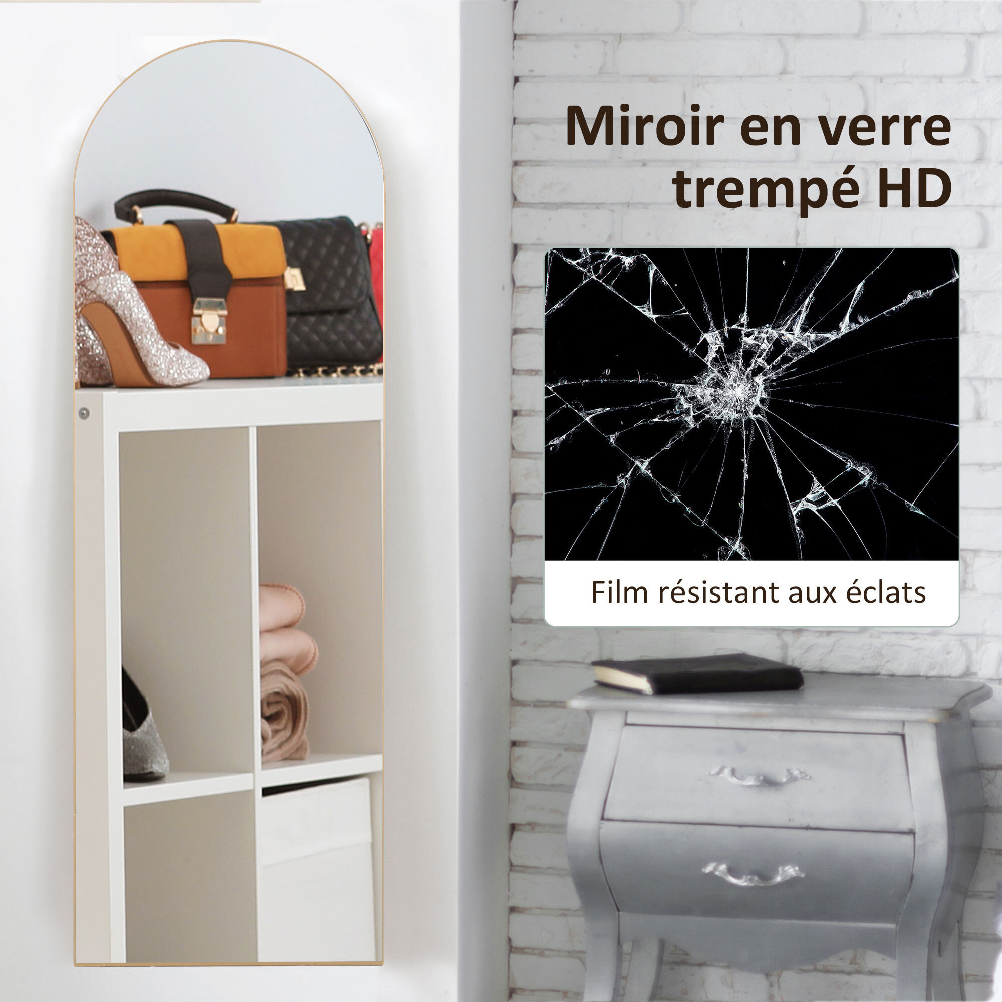 Miroir sur pied ou mural dim. 50L x 150H cm ton doré