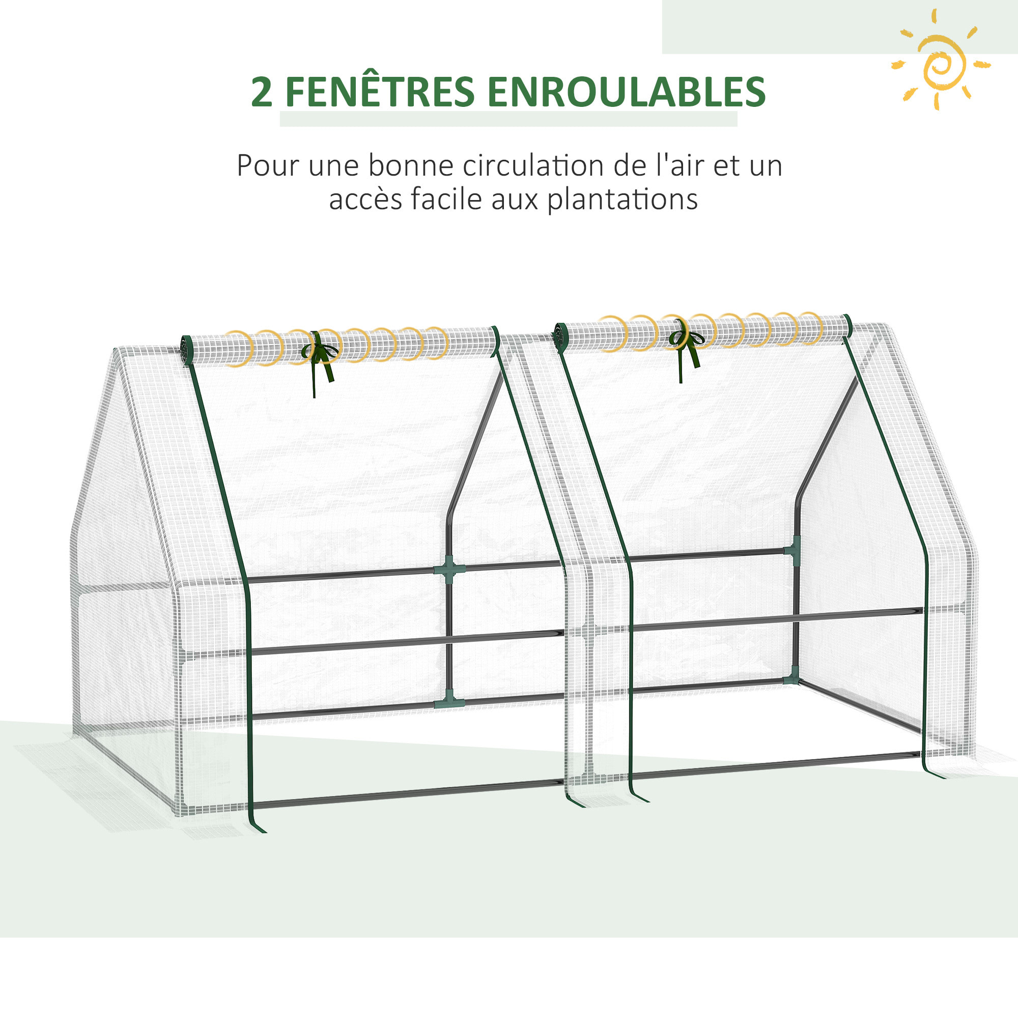 Serre de jardin tunnel 2,5L x 1l x 0,8H m grande porte zippée bâche PVC transparent métal époxy vert