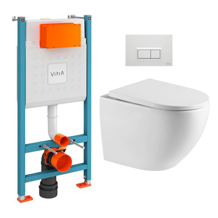 Pack WC Bâti-support V-Fix + WC sans bride SAT + Abattant SoftClose + Plaque, Blanc Brillant (V-FixFusionTQ-1)
