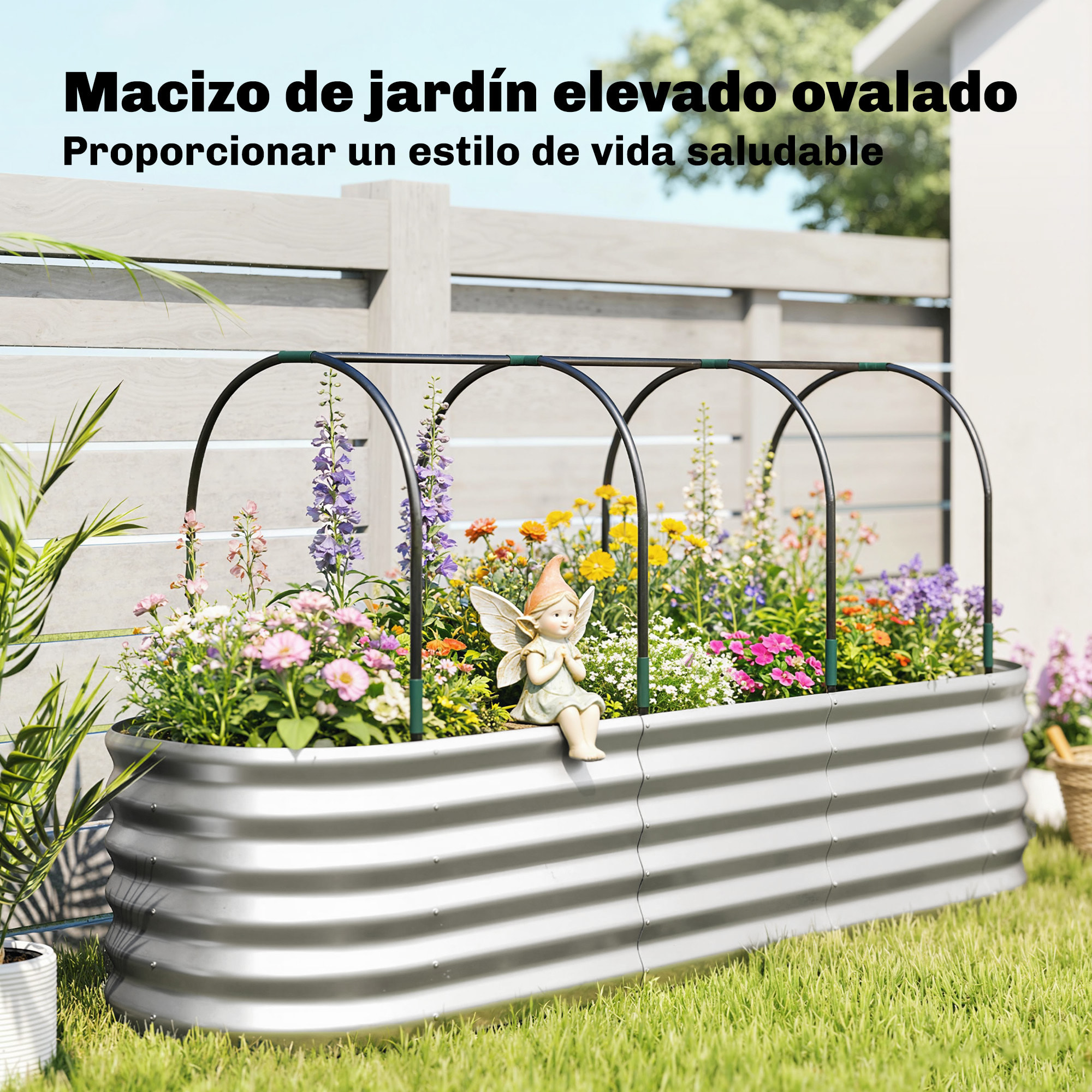 Jardinera Exterior Grande con Cubierta de Invernadero y Malla, Huerto Urbano de Acero Galvanizado con Fondo Abierto, Resistente a la Intemperie, para Patio, Terraza, 200x60x103 cm, Plateado
