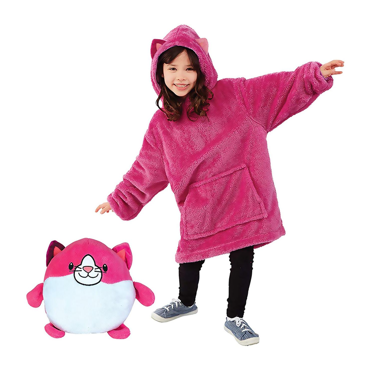 Peluche convertible en sudadera de felpa extrasuave, 60x47cm. Bolsillo frontal tipo canguro. Diseño Gato Fucsia