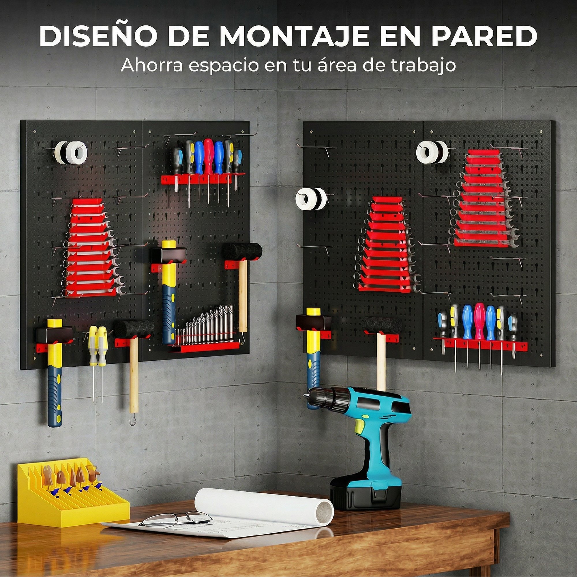4 Paneles de Herramientas de Pared, 38 Piezas, cada panel 60x40 cm, Organizador de Herramientas de Pared con Ganchos y Estantes, para Garajes y Bricolaje, Negro y Rojo