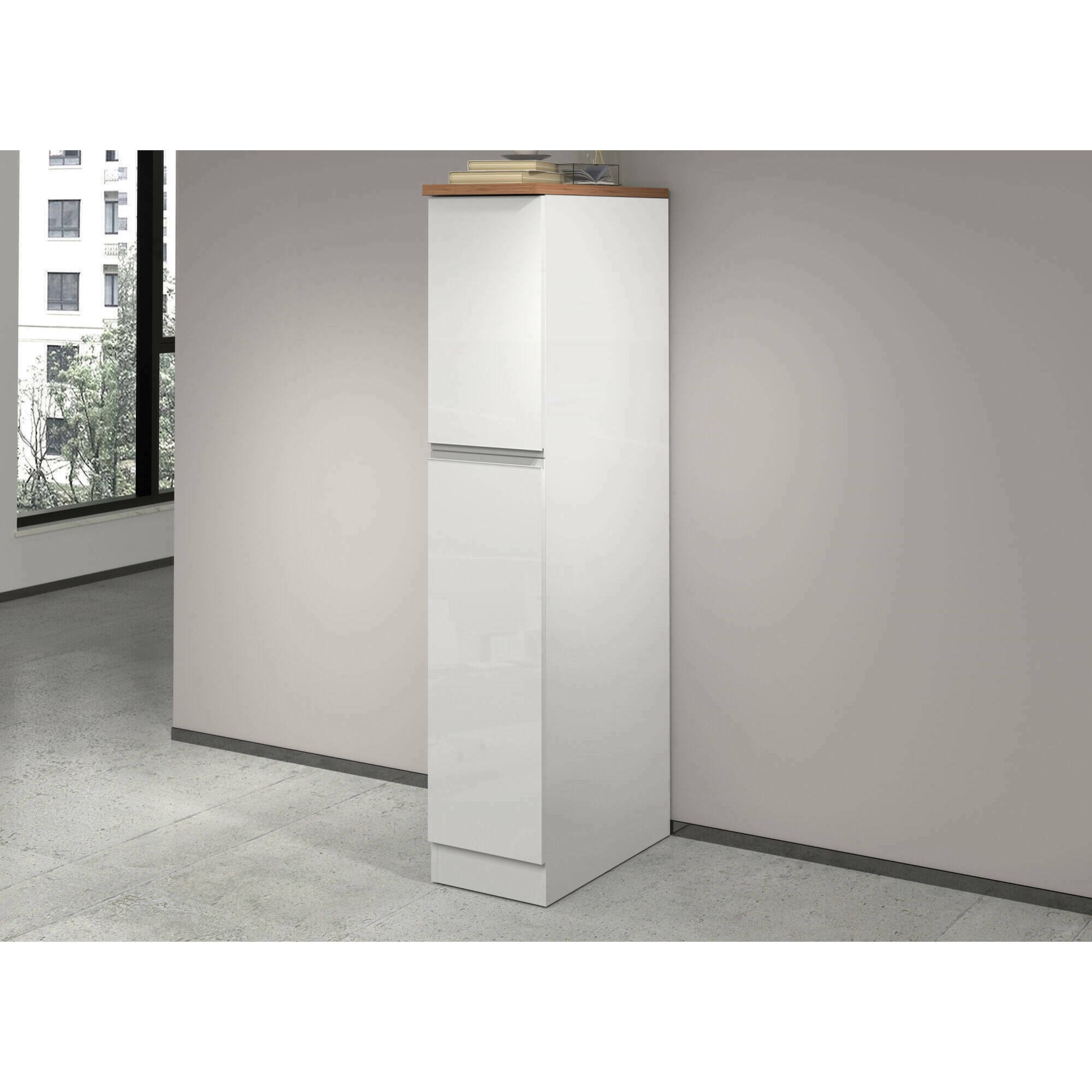 Dispensa da cucina Dcasiragh, Mobile multiuso, Armadio portaoggetti a 2 cassettoni, 100% Made in Italy, 30x60h165 cm, Bianco lucido e Rovere