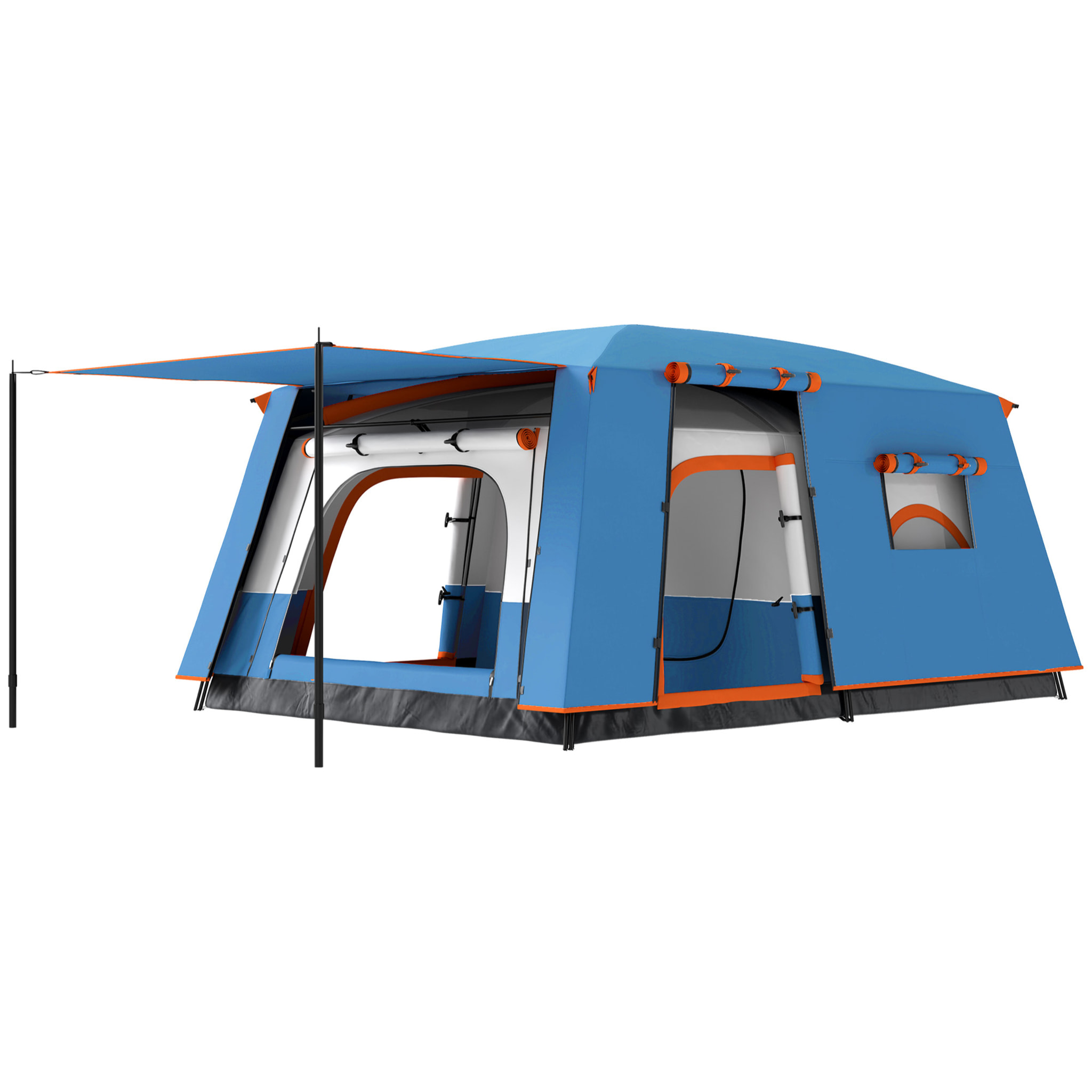 Tente de camping familiale 4-5 personnes - portes, fenêtres, sac de transport inclus - dim. 4,3 x 3 x 1,95 m - bleu