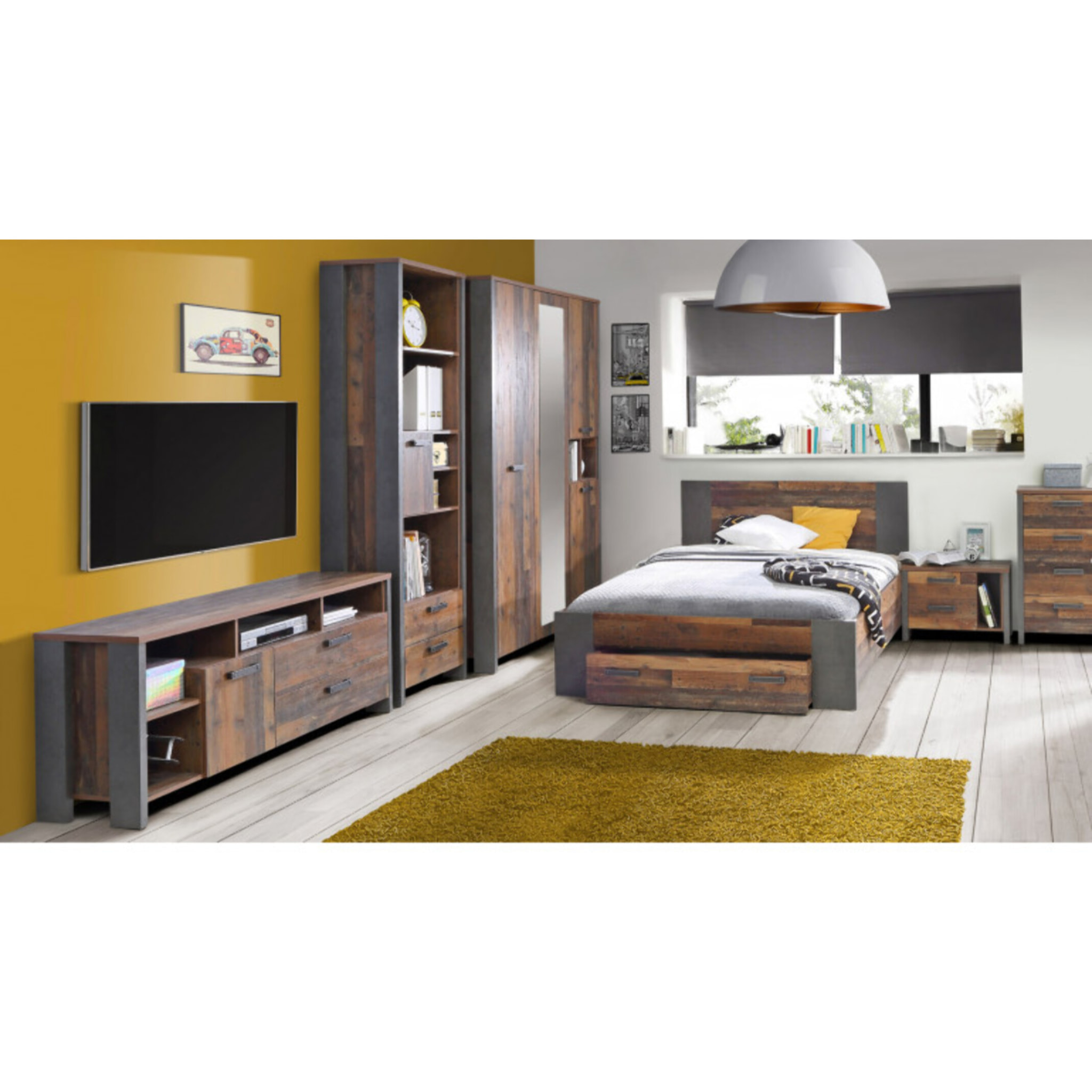 Bureau droit L160 cm en bois effet bois vieilli et béton gris - FRED