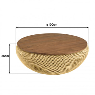 ALIDA - Table basse ronde 100x100cm en rotin beige plateau amovible