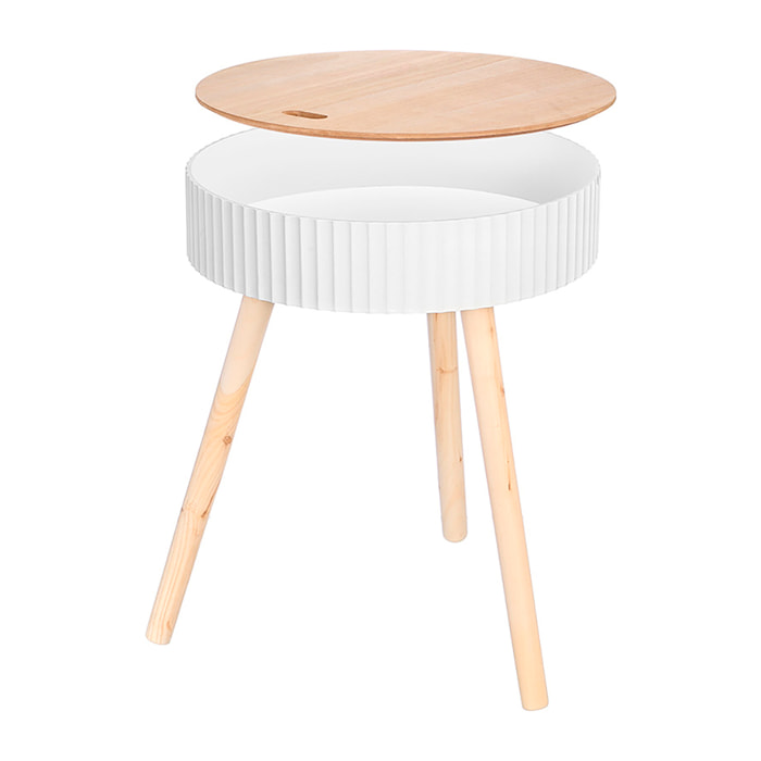 Mesa auxiliar blanca con diseño de ondas, tapa elevable y compartimento interior, 38 cm de diámetro.