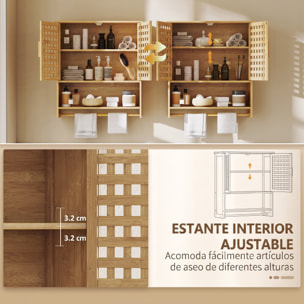 Armario de Baño de Pared de Bambú, Mueble de Baño Colgar con 2 Puertas de Celosía, Estante Abierto y Estante Ajustable, para Cocina, Lavadero, Natural