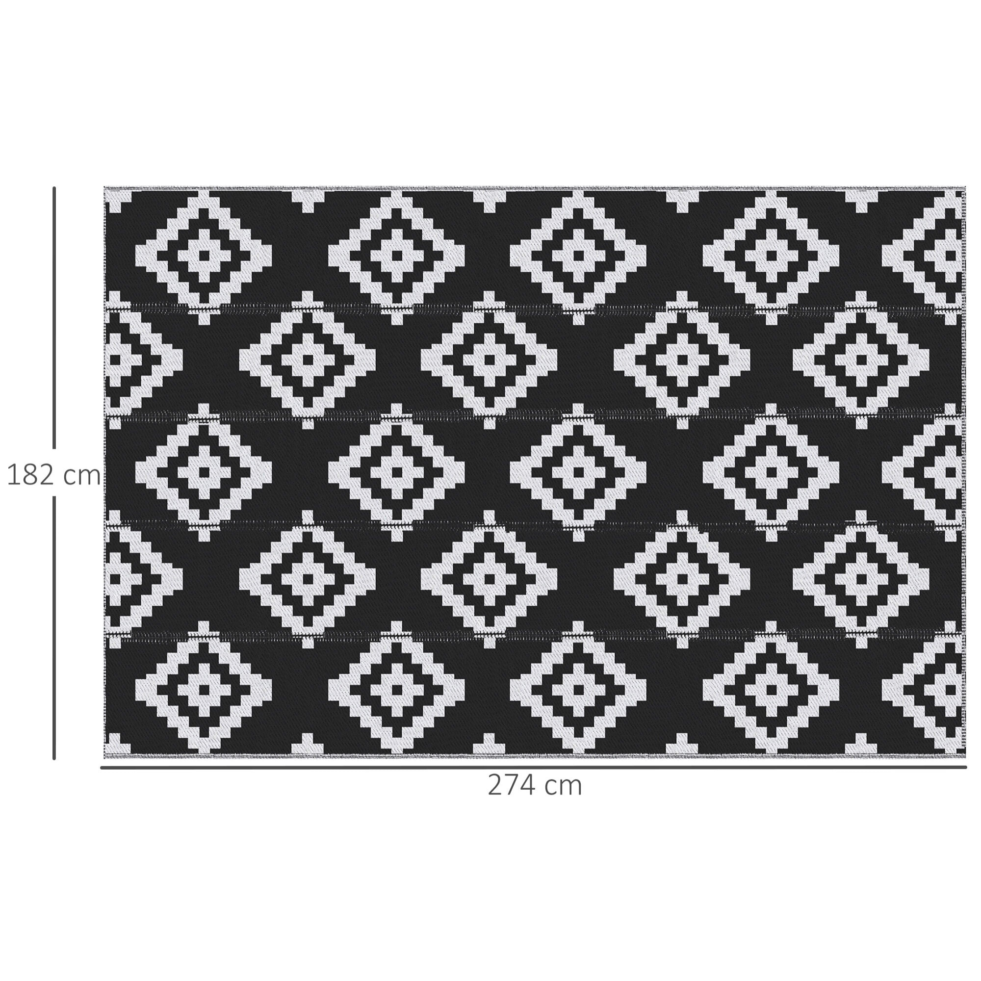 Tapis extérieur style graphique - tapis réversible 2 motifs - dim. 2,74L x 1,82l m, ép. 3 mm - PP haute densité 310 g/m² noir blanc