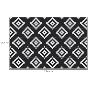 Tapis extérieur style graphique - tapis réversible 2 motifs - dim. 2,74L x 1,82l m, ép. 3 mm - PP haute densité 310 g/m² noir blanc