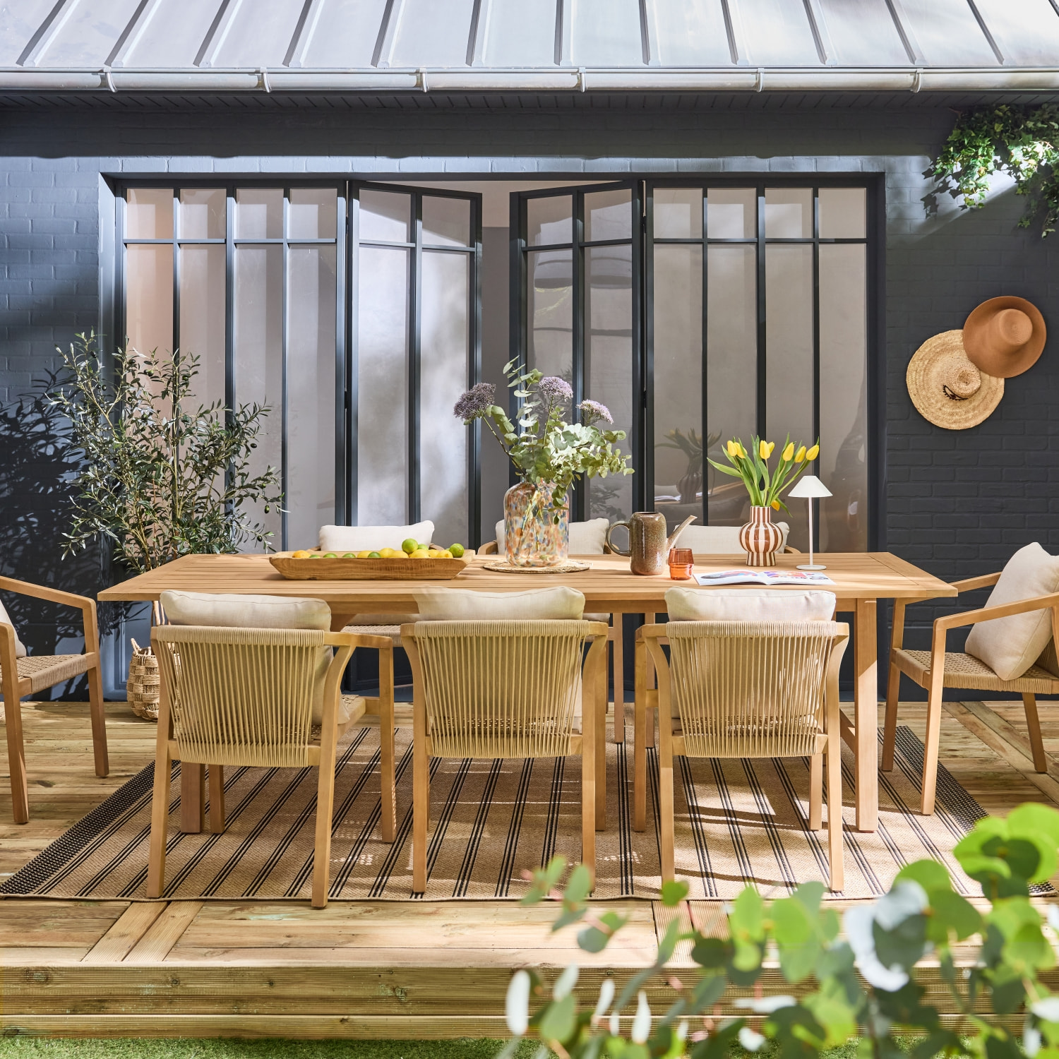 Table de jardin bois d'eucalyptus et cordes 8 fauteuils LORIA + CALAMA