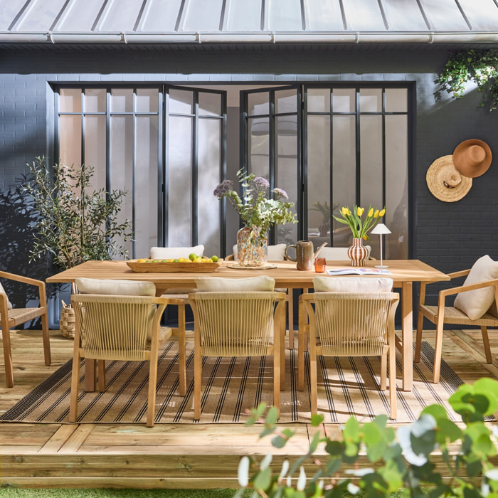 Table de jardin bois d'eucalyptus et cordes 8 fauteuils LORIA + CALAMA