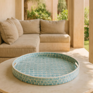 Plateau rond avec poignée en coquille de capiz bleu SOLNA