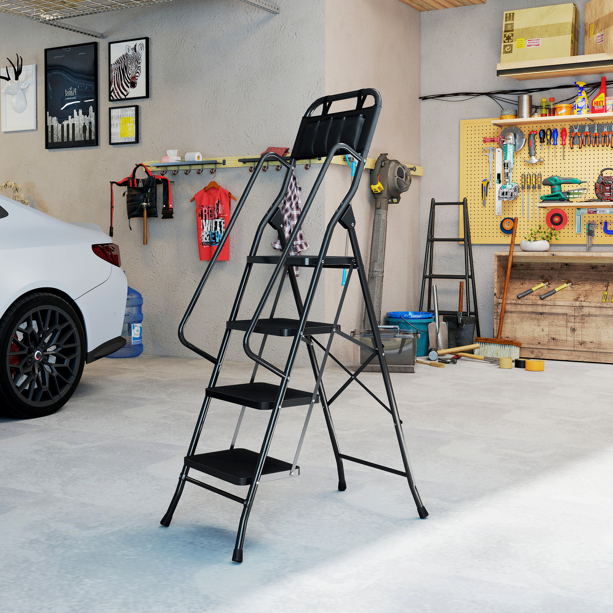 Escalera Plegable de 4 Peldaños con Bolsa de Herramientas, Escalera de Tijera, Carga 150 kg, con Peldaños Anchos Antideslizantes, Bloqueo de Seguridad, Apoyabrazos, Negro