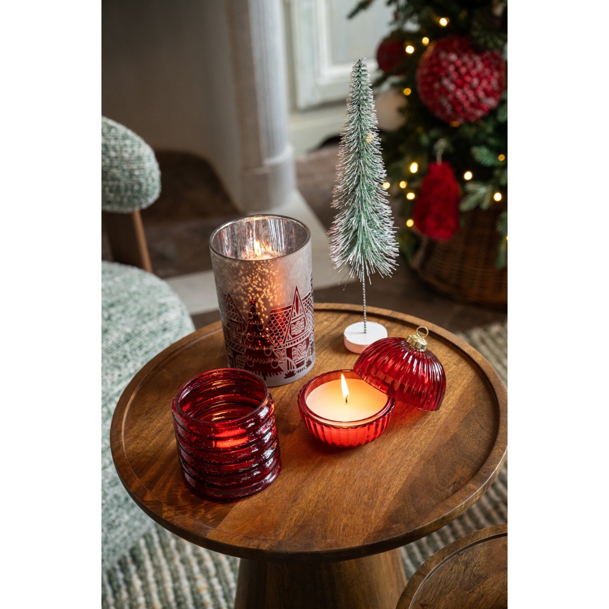 J-Line photophore - verre - rouge Noël/gris - large - set de 2
