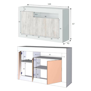 Credenza Thornton, Madia moderna a 3 ante, Buffet da soggiorno con scomparti, Madia da salotto, Mobile Porta TV, cm 144x42h87, Bianco