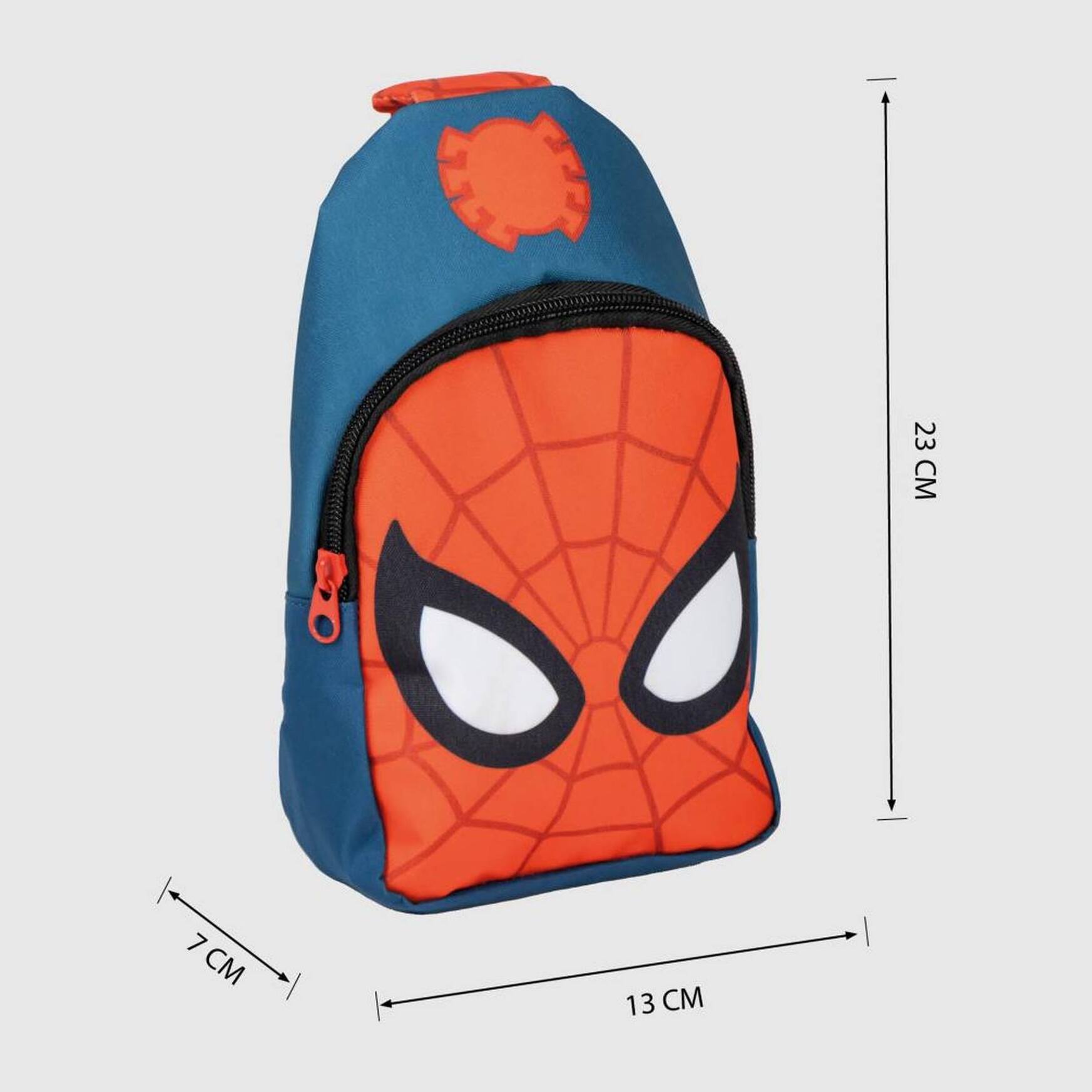 Mochila bandolera de spiderman - color azul y rojo - 13x23x7cm - fabricada en poliéster - bandolera infantil con asas ajustables - compartimento prin
