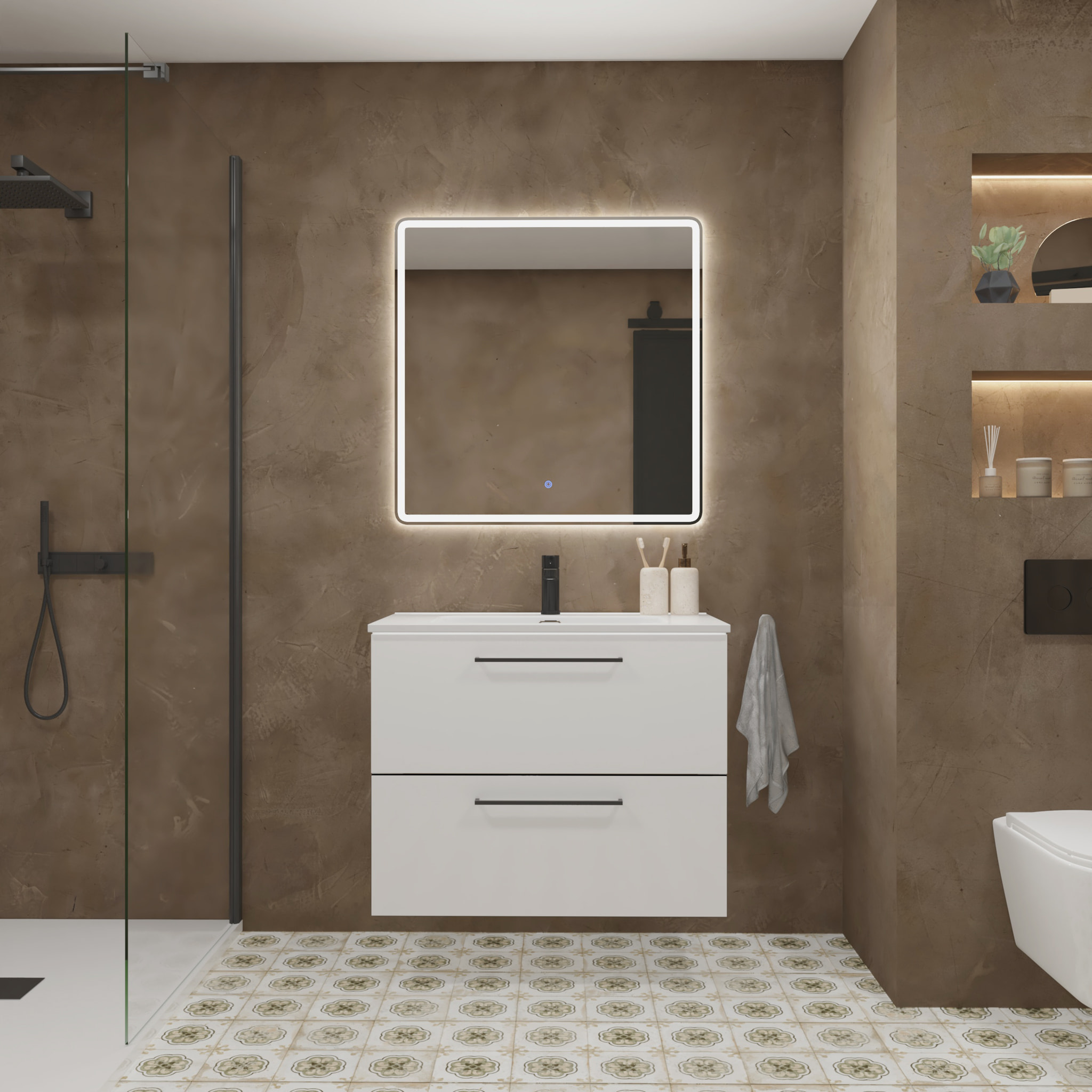 Meuble de Salle de Bain Vex | 80Cm Blanc | Deux Tiroirs | Évier Encastré | Miroir non inclus | Meubles Assemblés | Alday