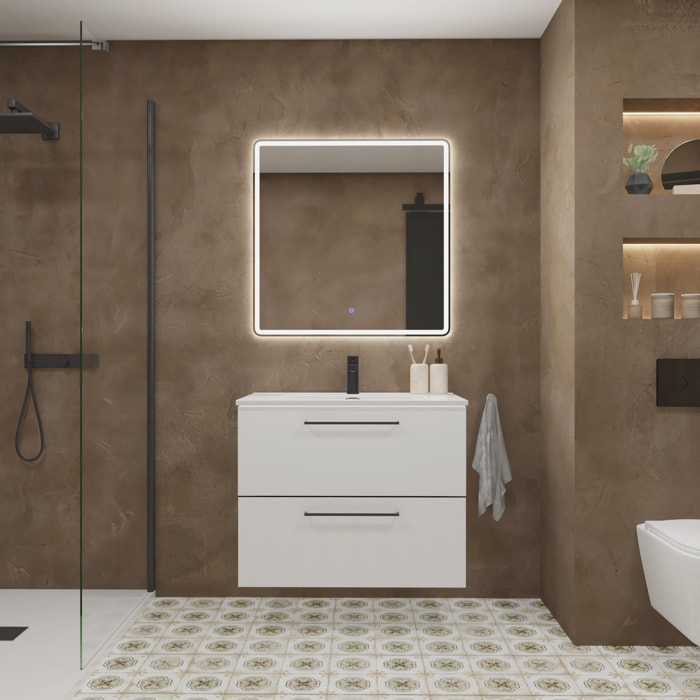 Meuble de Salle de Bain Vex | 80Cm Blanc | Deux Tiroirs | Évier Encastré | Miroir non inclus | Meubles Assemblés | Alday