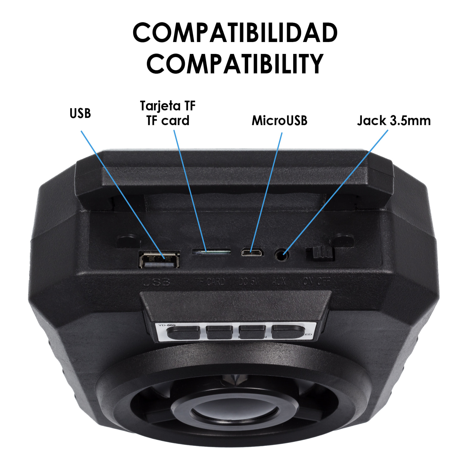 Altoparlante portatile Boombox YD-669 Bluetooth 4.2. Ingresso USB, scheda micro SD e jack 3.5. FM Radio. Porta smartphone integrato.