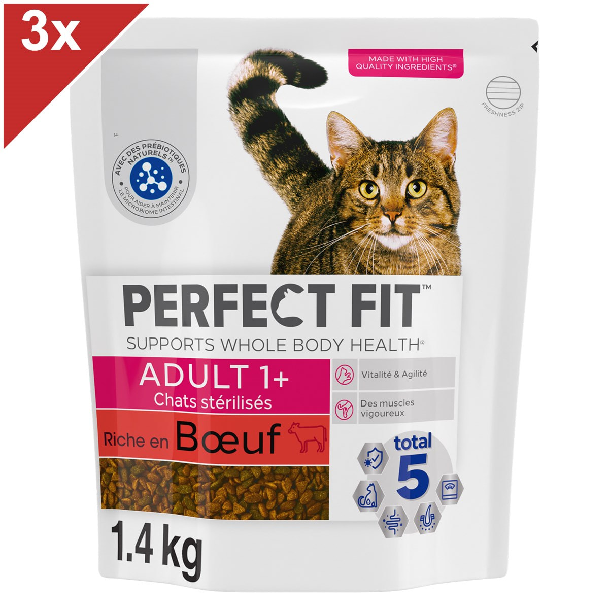 PERFECT FIT Croquettes Riche en Boeuf pour chat adulte stérilisé 3x1,4kg