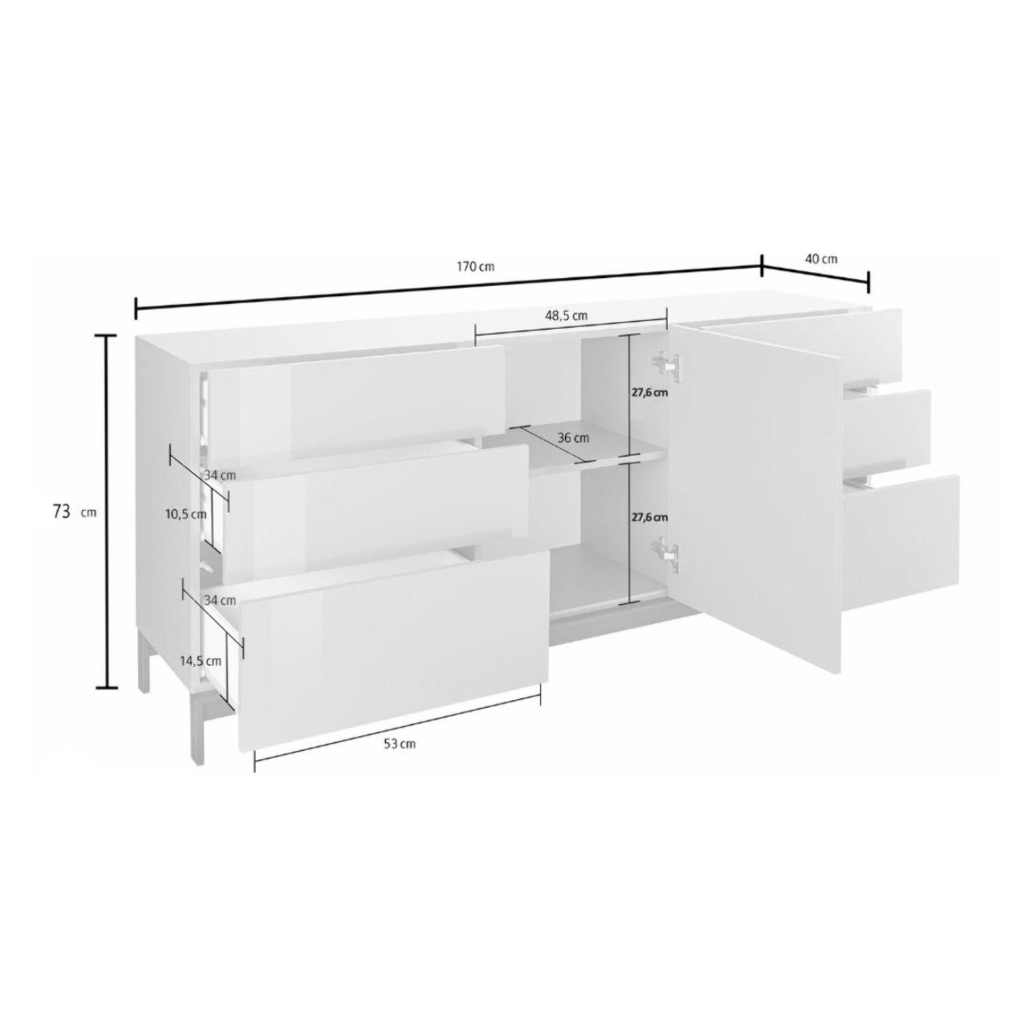 Credenza moderna a 1 anta e 6 cassetti, Made in Italy, Madia da cucina, Buffet di design da soggiorno, con piedini, cm 170x40h47, colore Antracite lucido