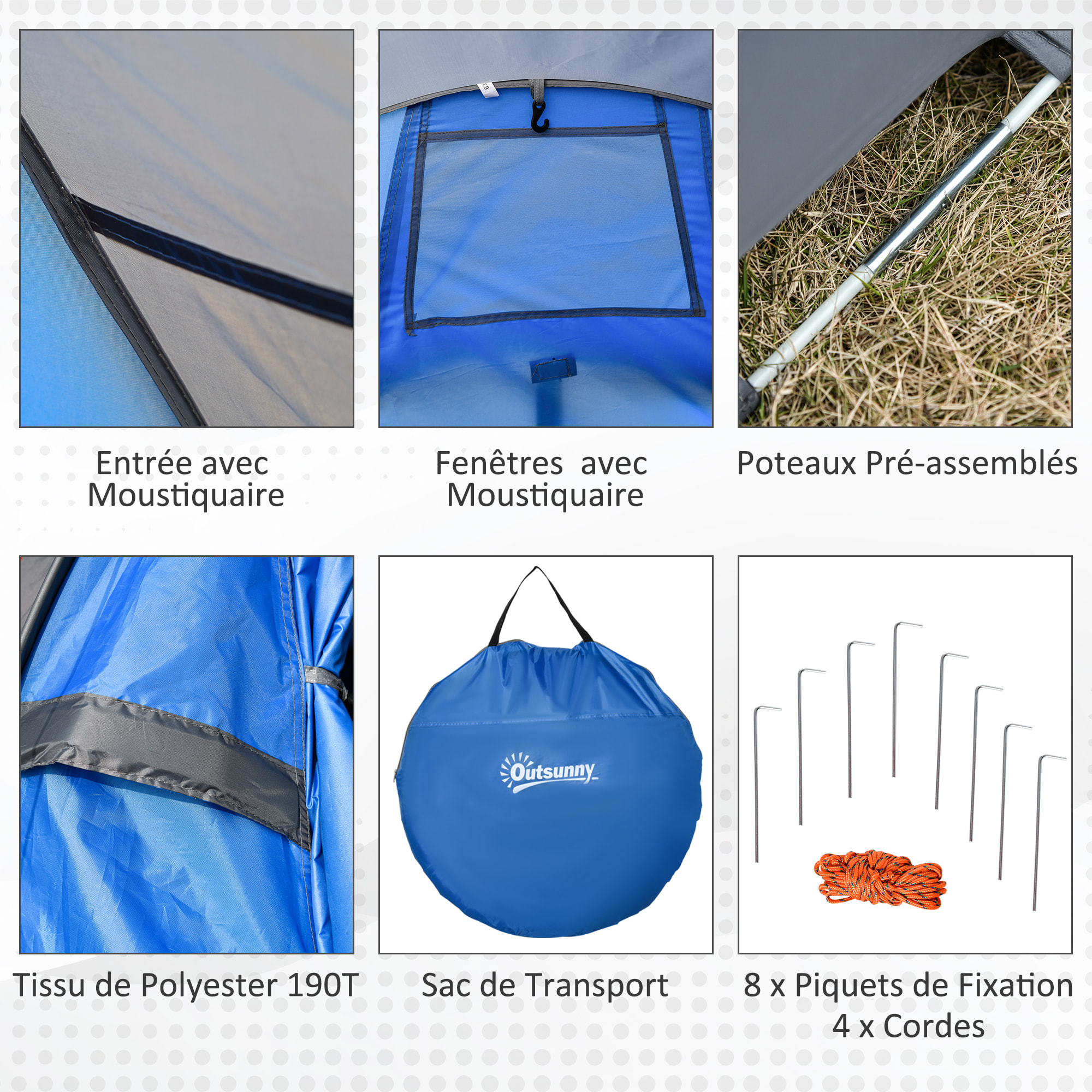 Tente de camping pop-up 2 pers. fibre verre polyester bleu gris