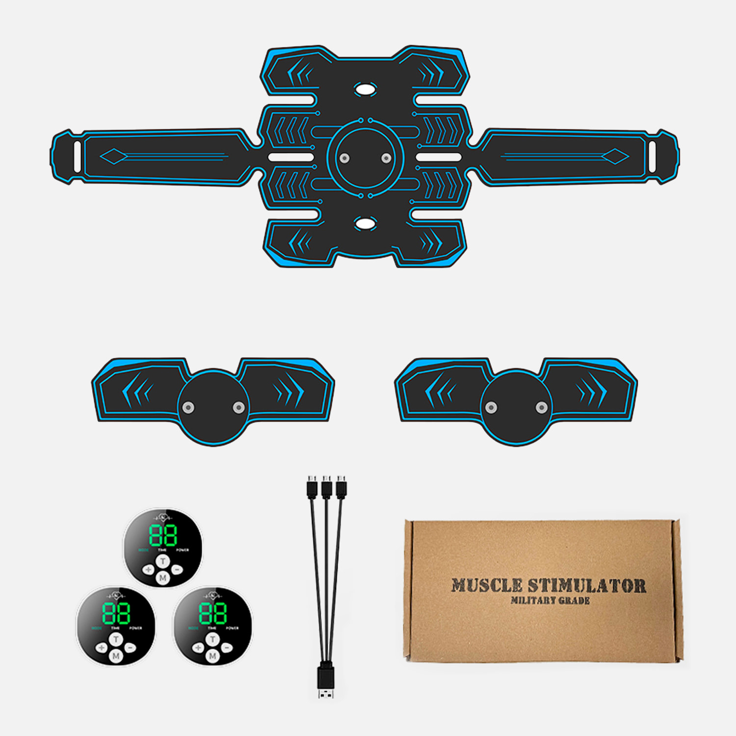 Estimulador electrónico y masaje EMS inteligente Y88. Para abdominales, brazos y piernas. Con 10 modos de uso y 39 intensidades, batería recargable.