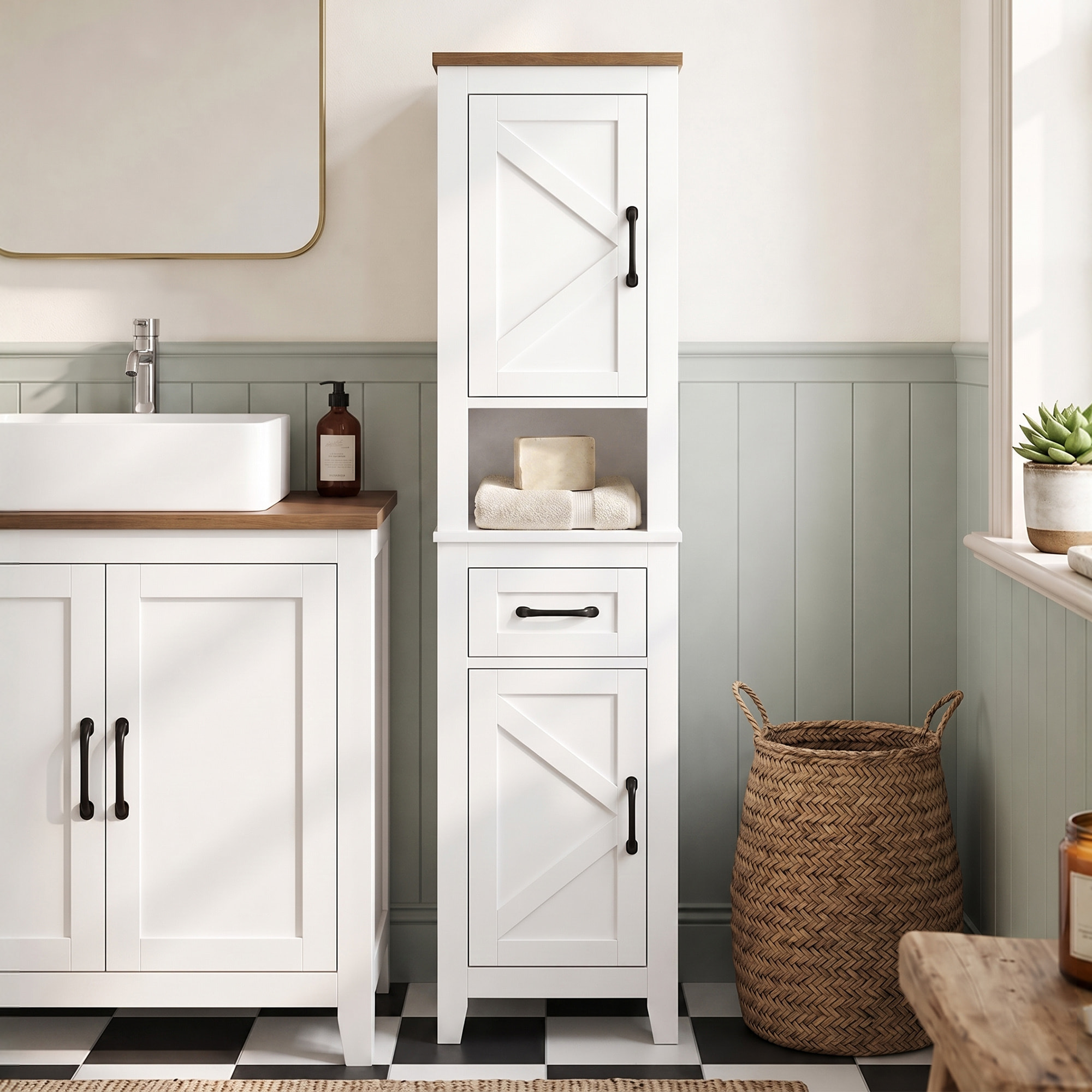 HOMCOM Armario de Baño Alto, Mueble de Baño Estrecho con Cajón, Estante Abierto, Puertas y Estantes Ajustables, Estilo Rústico, 34,5x30x148 cm, Blanco