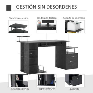 Mesa de Ordenador Mesa de Escritorio con 6 Estantes Cajón Bandeja de Teclado y Soportes para Monitor Impresora para Oficina Estudio 152x60x88 cm Negro