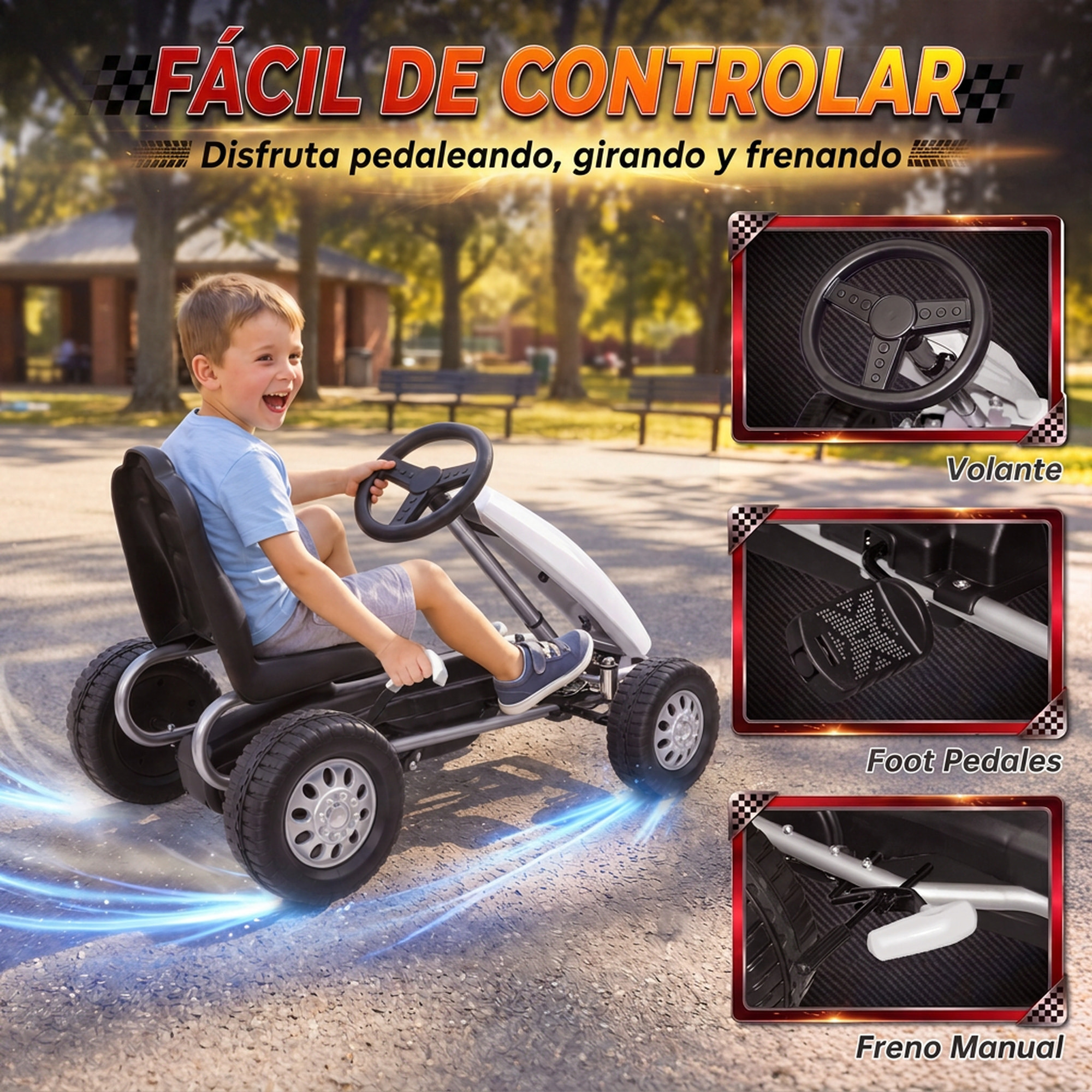 AIYAPLAY Kart Pedales para Niños de +3 Años, Go Kart con Asiento Ajustable, Volante, Freno Manual, Marco de Aluminio y Acero, Carga 30 kg, Blanco
