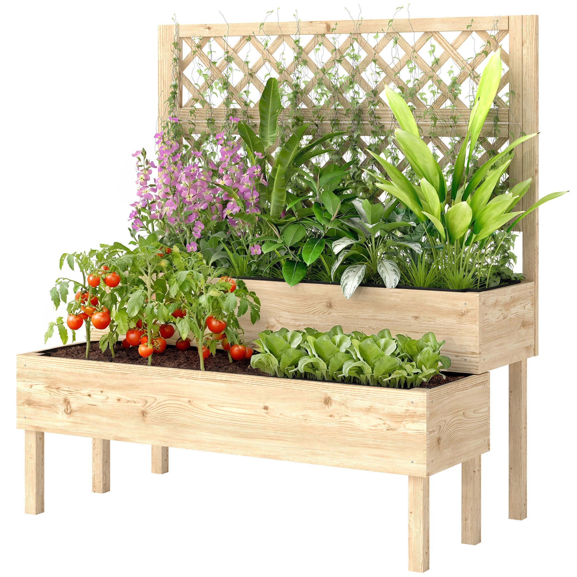 Jardinière sur pieds 2 niveaux en escalier avec treillis - 108 x 62 x 120 cm - bois pré-huilé