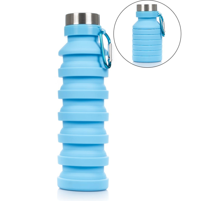 Botella deportiva plegable de silicona. 470 a 550ml, libre de BPA, tapón de rosca de acero inoxidable.