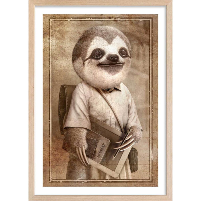 Affiche enfant paresseux étudiant  Affiche + cadre en bois - Chêne