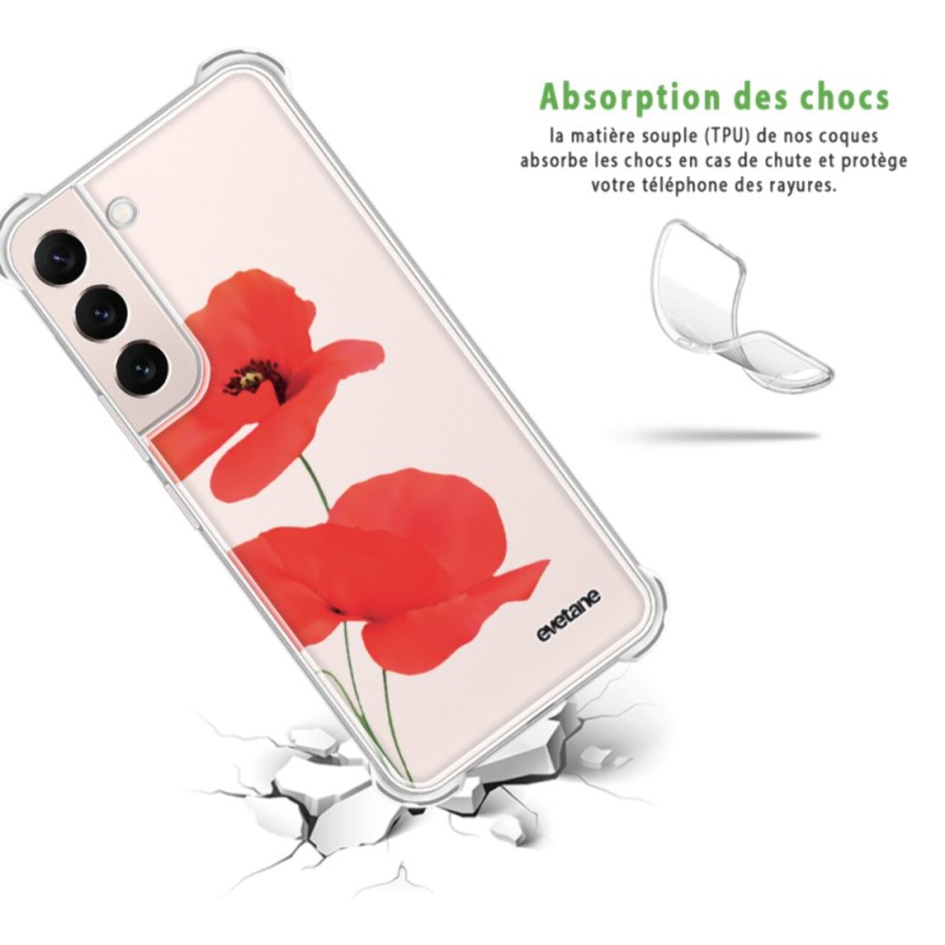 Coque Samsung Galaxy S22 5G Silicone antichocs Solides coins renforcés Protection Housse transparente Coquelicot Evetane