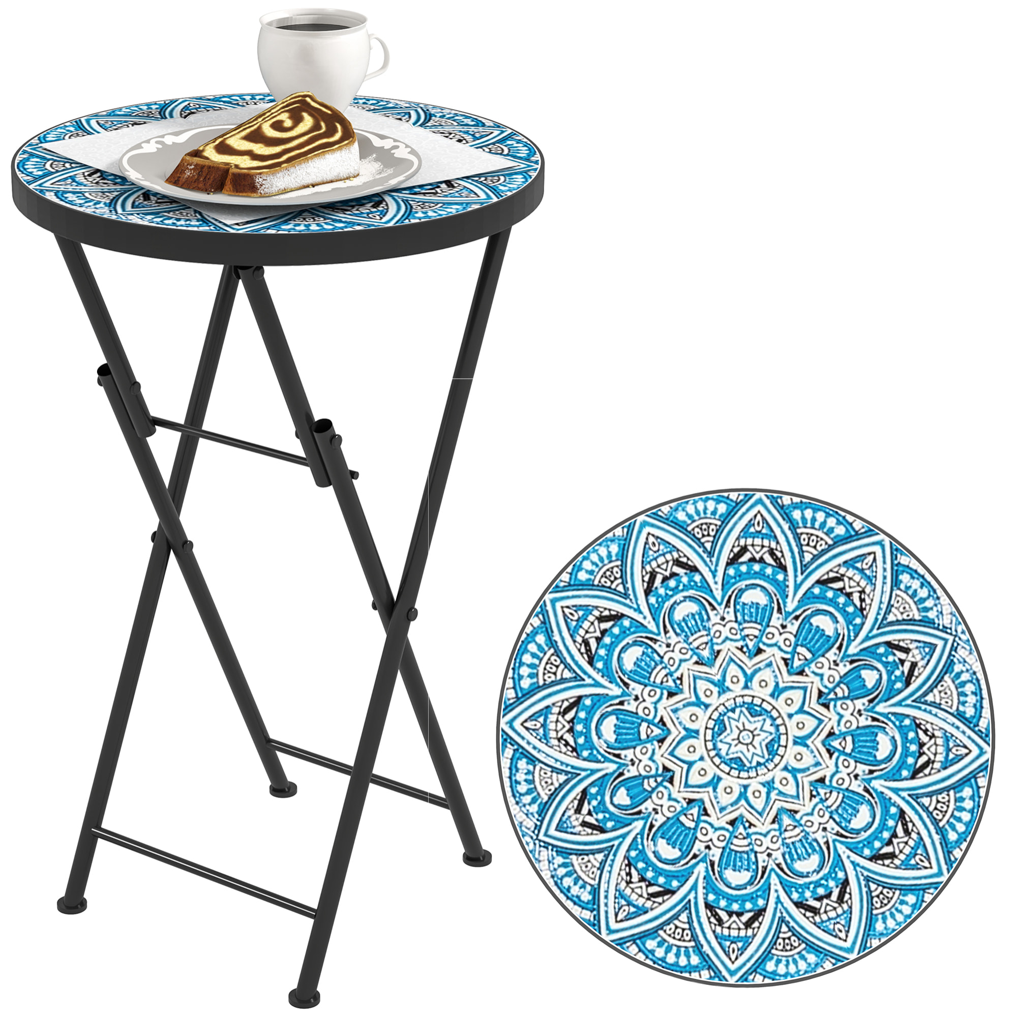 Mesa Auxiliar Redonda Mesa de Jardín Exterior Plegable con Encimera de Mosaico y Almohadillas Antideslizantes Mesa para Exterior Terraza Patio Ø35,5x55 cm Azul