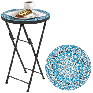 Mesa Auxiliar Redonda Mesa de Jardín Exterior Plegable con Encimera de Mosaico y Almohadillas Antideslizantes Mesa para Exterior Terraza Patio Ø35,5x55 cm Azul