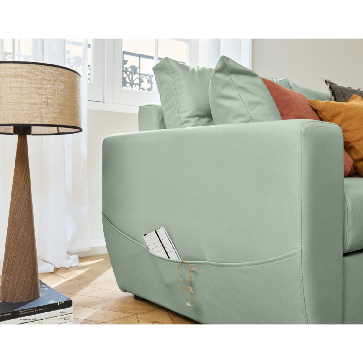 Astoria - canapé d'angle réversible 4 places - convertible avec coffre - en simili - Vert sauge