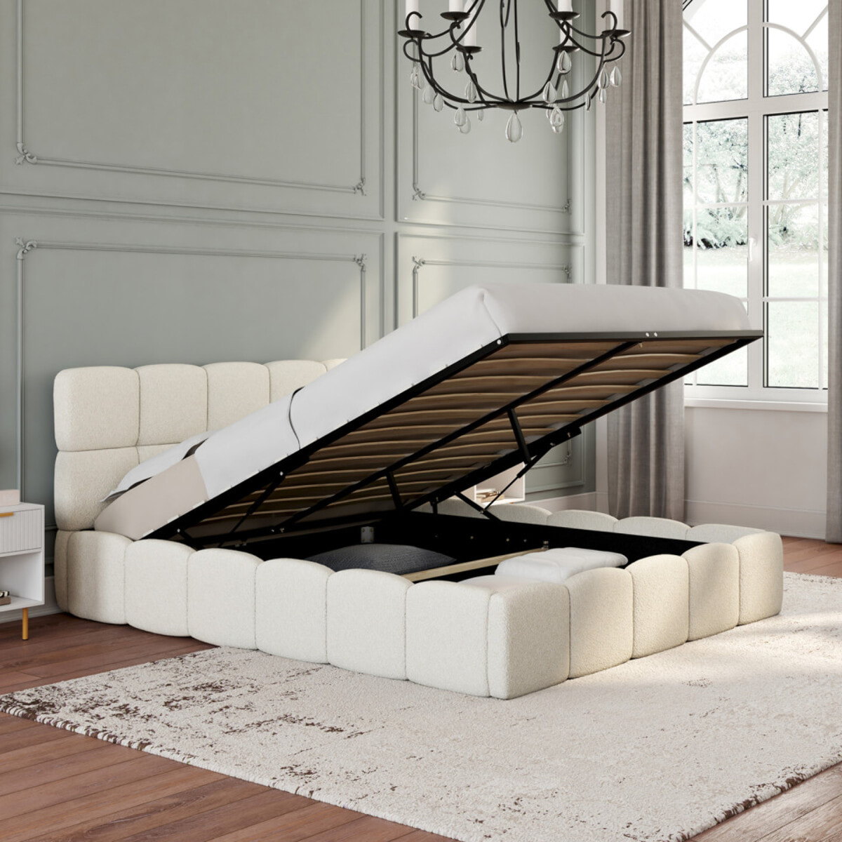 Lit coffre Bubble en tissu bouclette avec sommier et tête de lit 140x190cm