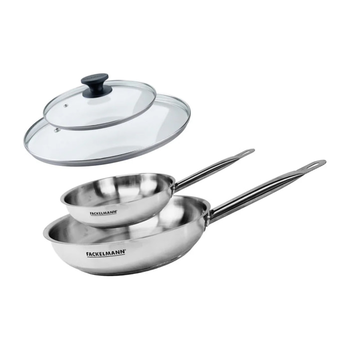 Set de 2 poêles 20 et 28 cm en inox et 2 couvercles en verre Fackelmann Eterna
