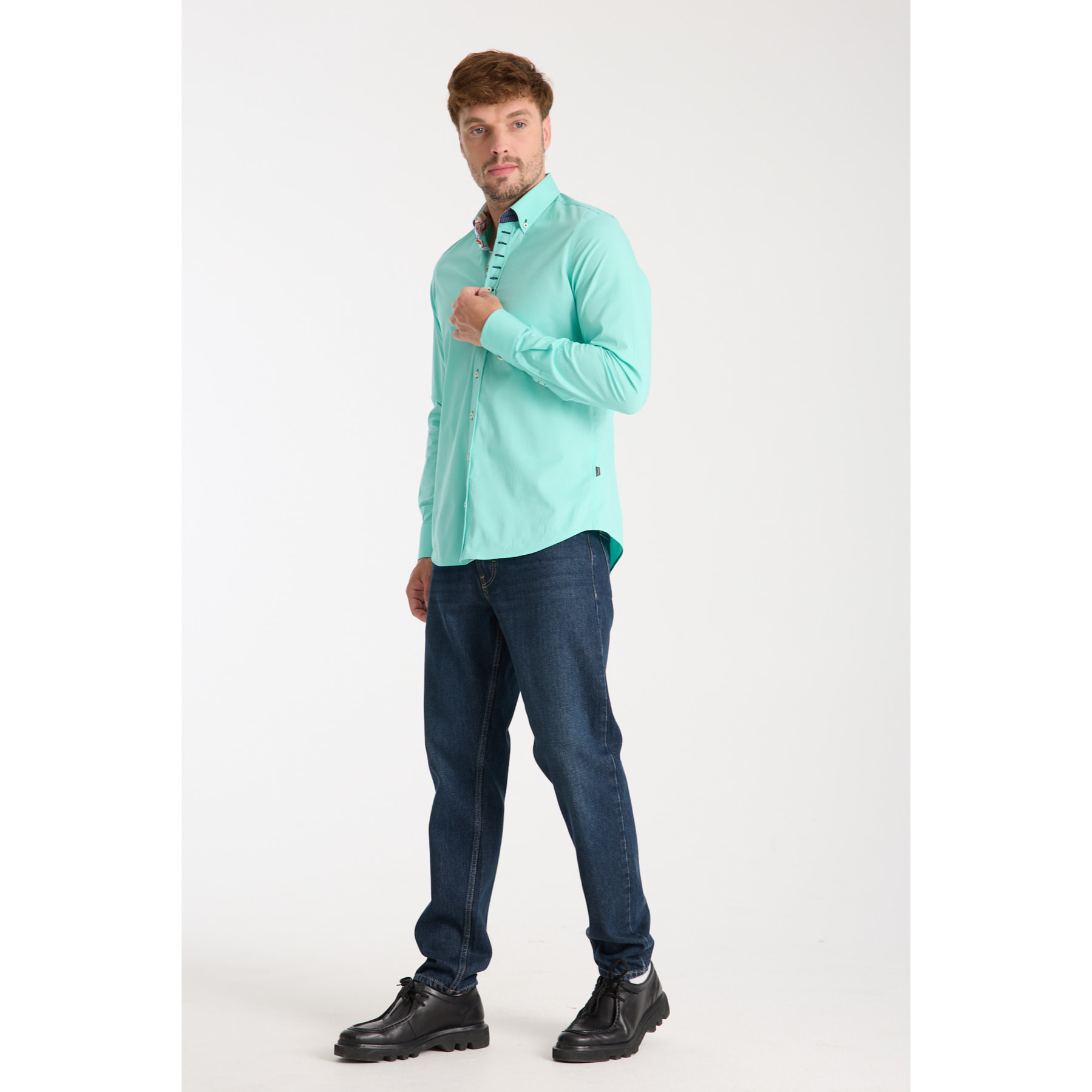 Camicia Uomo 1 Bottoni Button Down Slim Popeline Stretch Unito Verde Acqua