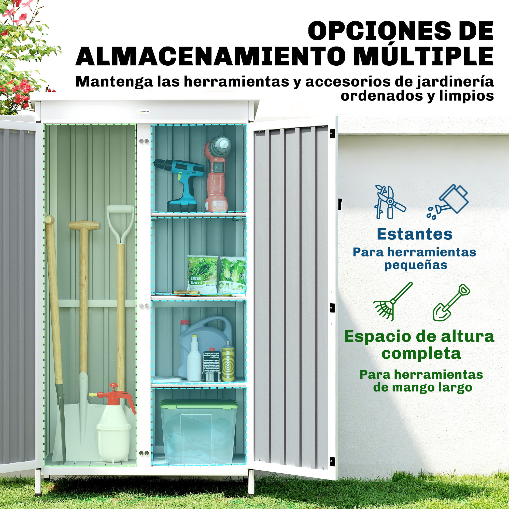 Caseta de Jardín de Madera y Acero 94x43x166 cm, Cobertizo Jardín Exterior, Armario para Herramientas con 2 Puertas, Estantes Ajustables y Techo Impermeable para Patio Terraza, Blanco y Negro