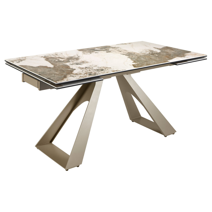 Mesa comedor extensible rectangular con tapa de mármol porcelánico blanco con vetas en tonos tierra en brillo 160x90x76cm
