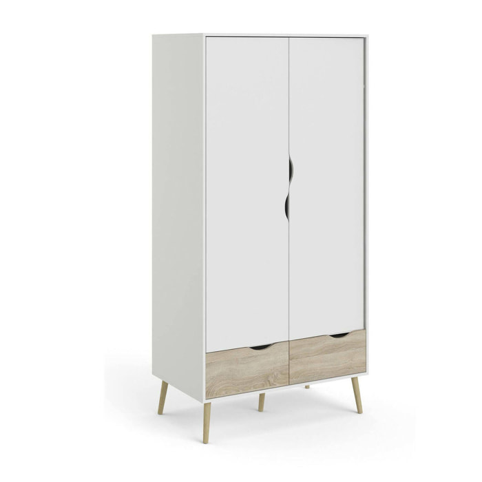 Guardaroba 2 ante Archilllo, Mobile camera da letto, Cabina armadio portabiti, Armadio appendiabiti, 99x58 h200 cm, Bianco e Quercia